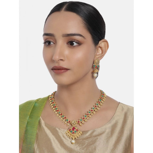 Generic Women's Rose Gold Plated Alloy Necklace & Earings Set (Green & Red)