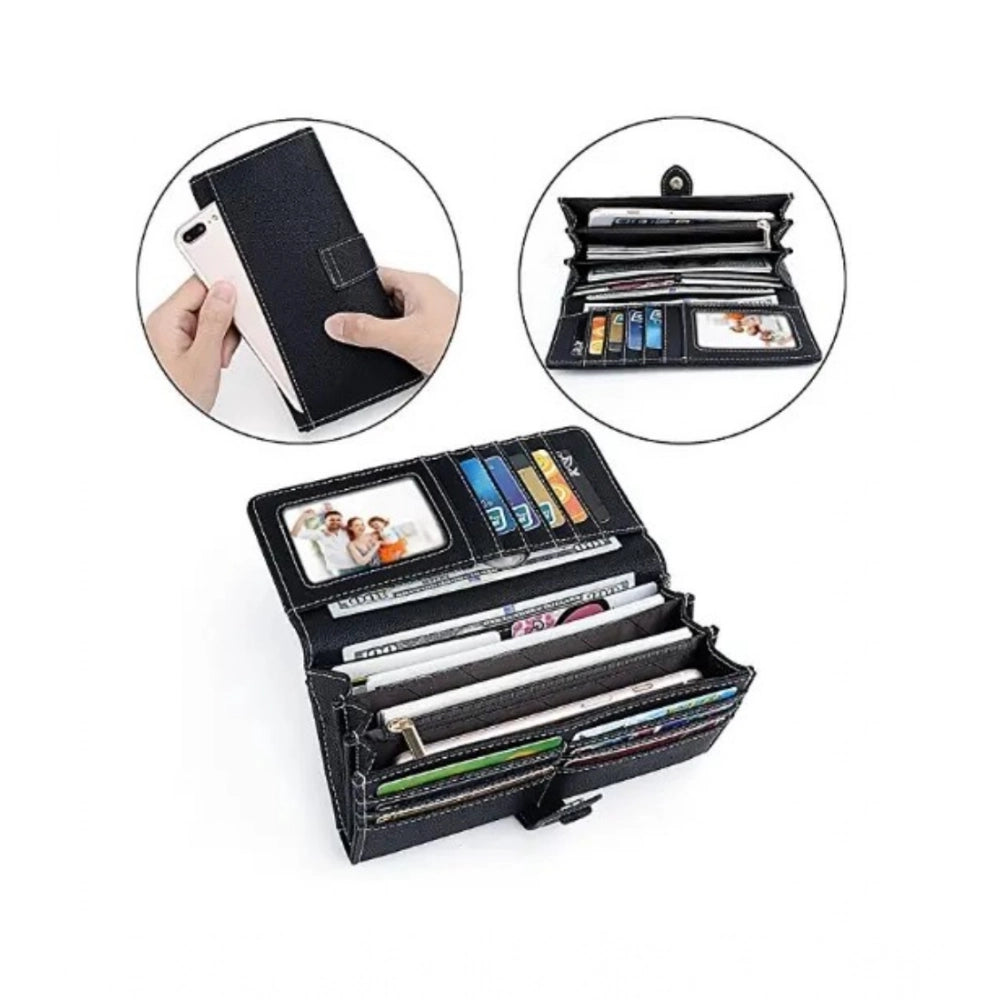 Generic Women's Faux Leather Medium Snap Button Wallet (Black)